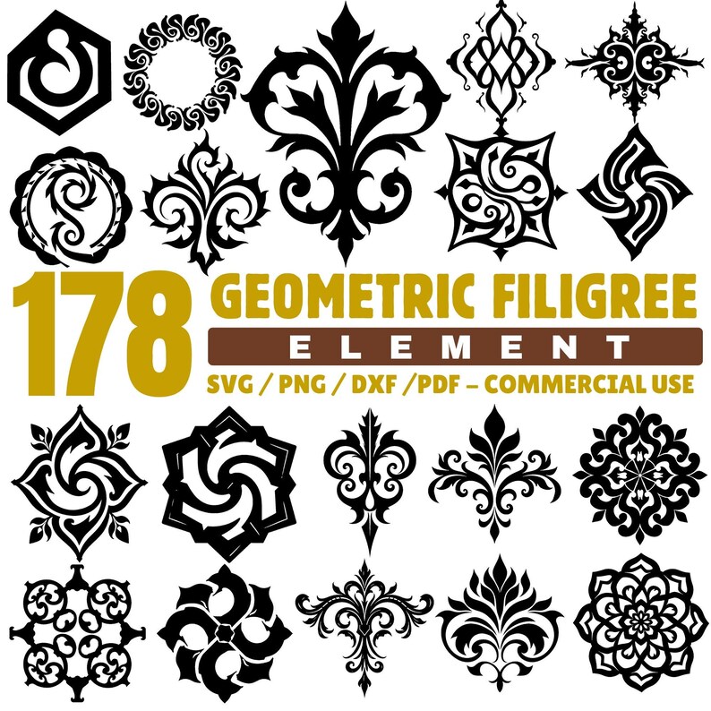Geometric Filigree Elements Svg Png Pdf & Dxf Bundle for Crafting ...