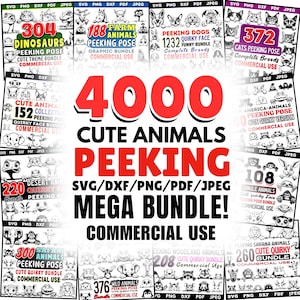 Puede incluir: Un collage de imágenes que presentan 4.000 animales lindos asomándose desde detrás de objetos. Las imágenes están organizadas en categorías como dinosaurios, animales de granja, perros, gatos y más. Cada categoría incluye un número que indica la cantidad de imágenes en esa categoría. El texto "SVG/DXF/PNG/PDF/JPEG MEGA BUNDLE! COMMERCIAL USE" se muestra en letras grandes y en negrita.