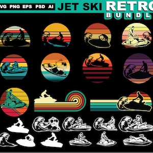 May include: A collection of retro-style jet ski designs. The designs feature silhouettes of jet skis and riders set against colorful sunset backgrounds. The text "JET SKI RETRO BUNDLE" is at the top. The image includes SVG, PNG, EPS, PSD, and AI file type indicators.