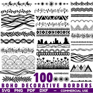 Può includere: Una collezione di 100 bordi decorativi Boho in bianco e nero con vari disegni, tra cui motivi floreali, geometrici e a onde. L'immagine include il testo "100 Boho Decorative Borders" e opzioni di tipo di file.