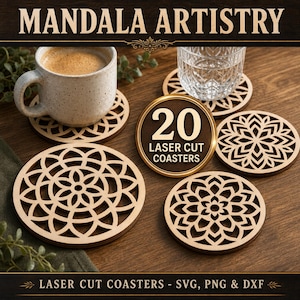 May include: A set of circular wooden coasters featuring intricate laser-cut mandala patterns. The image displays a speckled ceramic mug, a clear glass, and a gold-rimmed circular badge with the text 20 LASER CUT COASTERS.