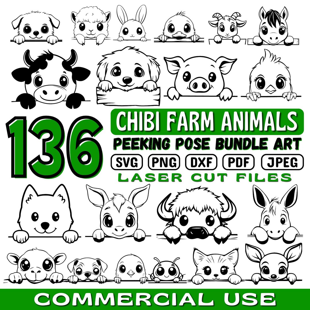 Laser Cut Files Chibi Peeking Farm Animals Cute Bundle Svg, Dxf, Png ...