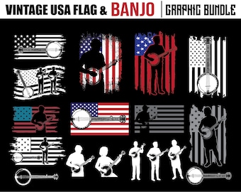 Banjo USA Flag SVG Bundle, Patriotic Banjo Music Instrument Design instant downloads