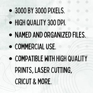 May include: A list of features for digital files, including a resolution of 3000 by 3000 pixels, a high quality of 300 DPI, named and organized files, commercial use, and compatibility with high quality prints, laser cutting, Cricut and more.
