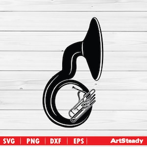 Puede incluir: Ilustración en blanco y negro de un sousafón, un instrumento de viento metal. El sousafón es un tipo de tuba diseñado para llevarse alrededor del cuerpo. La imagen incluye los tipos de archivo: SVG, PNG, DXF y EPS.