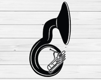 Könnte beinhalten: Schwarz-Weiß-Illustration eines Sousaphons, ein Blechblasinstrument. Das Sousaphon ist eine Art Tuba, die um den Körper getragen wird. Das Bild enthält die Dateitypen: SVG, PNG, DXF und EPS.