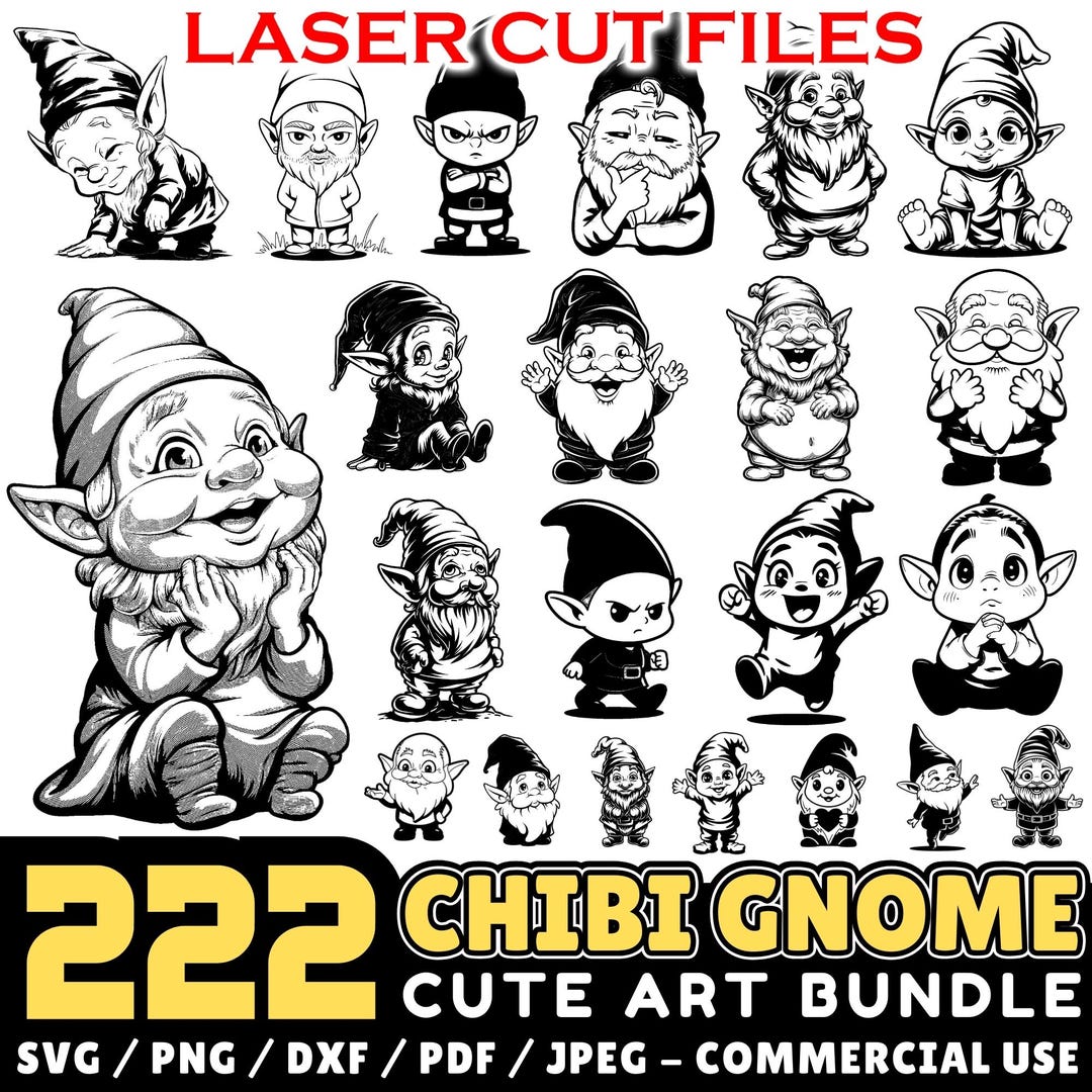 Chibi Gnome Laser Cut Files | Gnome SVG & DXF Bundle | Kawaii Gnome ...