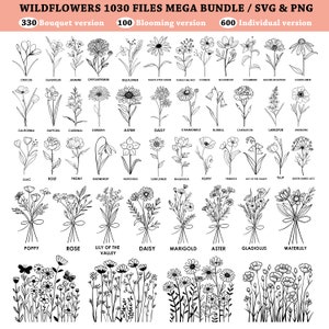 Wilde bloemen geboortemaand SVG, PNG megabundel afbeeldingen lijntekeningen stijl verjaardag geboortemaand bloemen clipart botanische instant digitale downloads