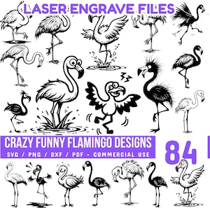 Laser engrave files Crazy Funny Flamingo Designs Svg Png Pdf & Dxf Bundle quirky etched flamingo art for wood, slate, and metal deco