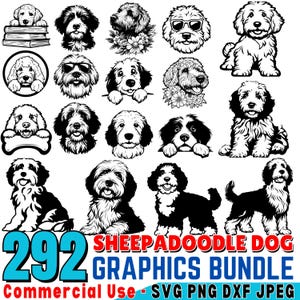 Op de afbeelding: Een digitaal downloadpakket met 292 zwart-witte Sheepadoodle-hondengrafieken. De afbeeldingen zijn in verschillende poses en uitdrukkingen. De tekst "Sheepadoodle Dog Graphics Bundle" en "Commercial Use - SVG PNG DXF JPEG" is in de afbeelding opgenomen.