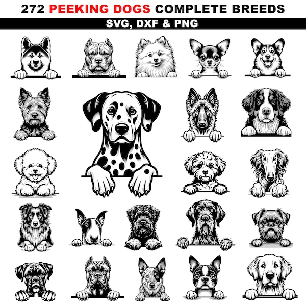 Laser cut files Svg Png and Dxf bundle Peeking dogs complete dog breeds 272 Files for engraving glowforge files CNC files instant downloads