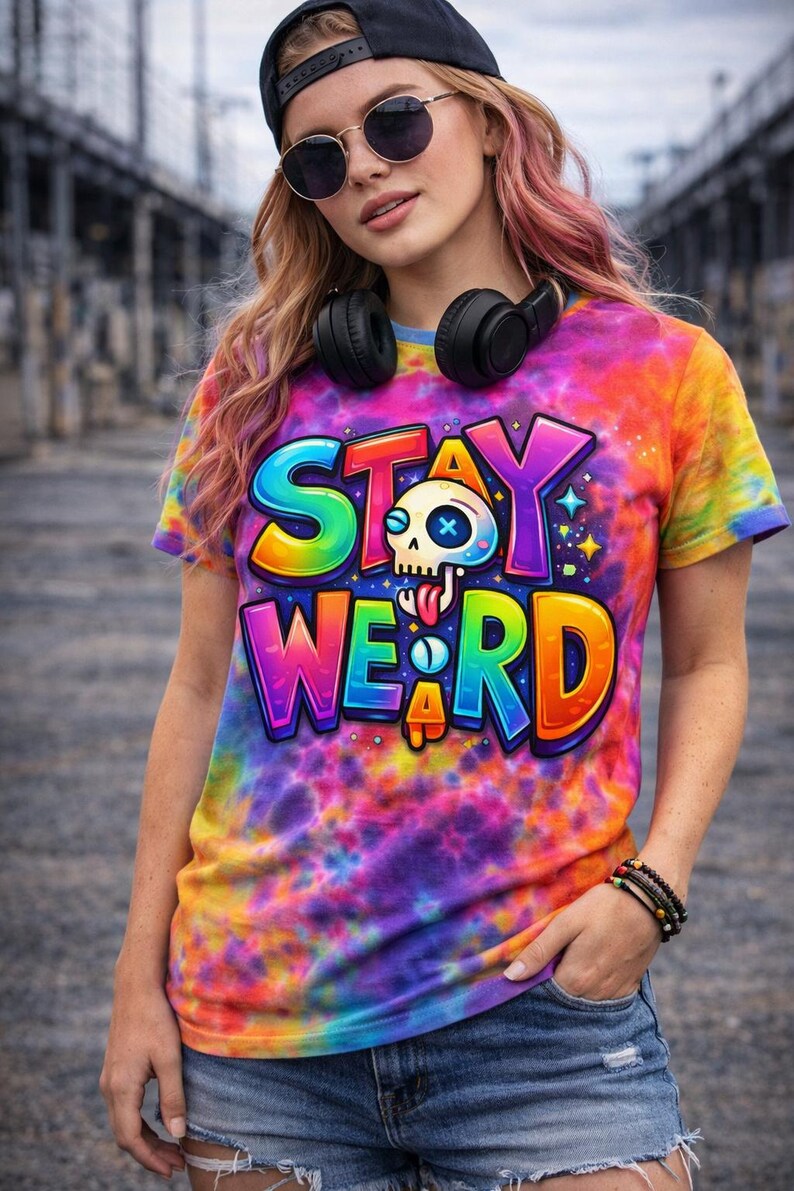 May include: A tie-dye t-shirt with the words "STAY WEIRD" in a colorful, cartoonish font. The shirt features a skull graphic and is predominantly rainbow-colored with shades of purple, orange, and blue.