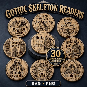 Peut inclure: Une collection de dix disques circulaires en bois présentant des illustrations gravées de squelettes lisant des livres avec du texte gothique. Les motifs incluent des phrases comme Beyond the mortal page, Bone deep book lover et Books are my afterlife, avec un badge central indiquant 30 commercial use files, SVG et PNG.