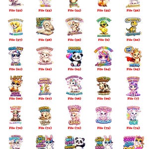 May include: A collection of colorful, cartoon-style graphics featuring various animals and characters with text. Designs include a panda, unicorn, dog, and bear, with phrases like "Cool Kid" and "Mom's Favorite."