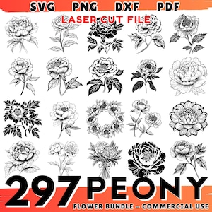 Peony Flower Laser Cut Files | SVG DXF Bundle | Floral Patterns | Peony Vector Designs | CNC Ready | Peony Outline Art | Instant Download
