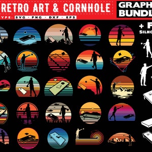 以下が含まれることがあります： コーンホールのゲームに関連するレトロなアートとシルエットを特徴とするグラフィックバンドル。デザインには、ビーンバッグを投げる人々のシルエット、コーンホールボード、夕日の背景が含まれます。ファイルタイプはSVG、PNG、DXF、EPSです。