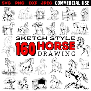 Estilo de esboço de cavalo SVG | Pacote de arte de cavalo desenhado à mão | Arquivos DXF de cavalo para Cricut | Desenho de cavalo elegante para projetos DIY