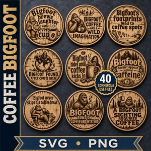 Puede incluir: Una colección de nueve diseños gráficos circulares estilo madera con ilustraciones de Bigfoot y texto relacionado con el café. Cada diseño incluye frases como Bigfoot brews laughter, Bigfoot coffee and a wild imagination, y 40 commercial use files.