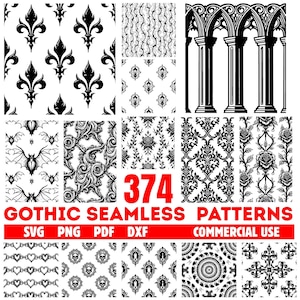May include: A collection of 374 Gothic-themed seamless patterns in black and white. The patterns include fleur-de-lis, bats, roses, and ornate designs. The image also includes the text "Gothic Seamless Patterns" and file type options.
