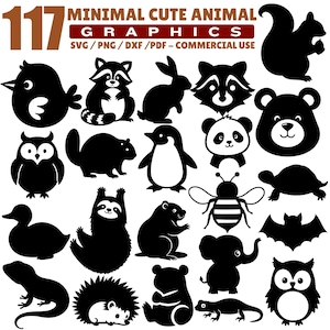 Könnte beinhalten: Eine Sammlung von 117 minimalistischen, niedlichen Tiergrafiken in Schwarz und Weiß. Das Bild zeigt verschiedene Tiere wie einen Vogel, einen Waschbären, ein Kaninchen, ein Eichhörnchen, einen Bären, eine Eule, einen Biber, einen Pinguin, einen Panda, eine Biene, eine Schildkröte, eine Ente, ein Faultier, ein Murmeltier, eine Fledermaus, eine Eidechse, einen Igel, einen Elefanten und einen Frosch.