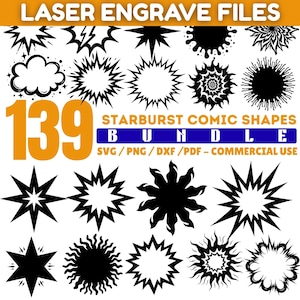 Könnte beinhalten: Eine Sammlung von 139 Comic-Formen in Schwarz und Weiß. Das Bild enthält verschiedene Sternmuster, eine Wolke und den Text "LASER ENGRAVE FILES" und "STARBURST COMIC SHAPES BUNDLE SVG/PNG/DXF/PDF - COMMERCIAL USE".