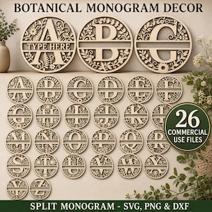 Puede incluir: Una colección de veintiséis diseños de monogramas botánicos circulares de madera con las letras de la A a la Z. Cada letra está dividida horizontalmente y rodeada de intrincados patrones florales y de hojas. El texto BOTANICAL MONOGRAM DECOR y 26 COMMERCIAL USE FILES es visible, junto con los formatos de archivo SVG, PNG y DXF.