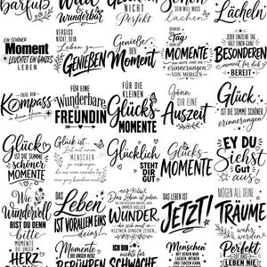 Könnte beinhalten: Eine Sammlung von dreißig schwarz-weißen typografischen Designs mit verschiedenen deutschen Sprüchen, motivierenden Zitaten und dekorativen Elementen wie Sternen, Herzen, Schmetterlingen und floralen Verzierungen in einem Raster auf weißem Grund.