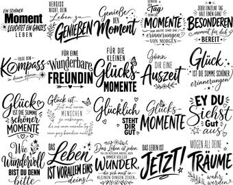 May include: A collection of thirty black and white typographic designs featuring various German phrases, motivational quotes, and decorative elements like stars, hearts, butterflies, and floral flourishes arranged in a grid format on a white background.