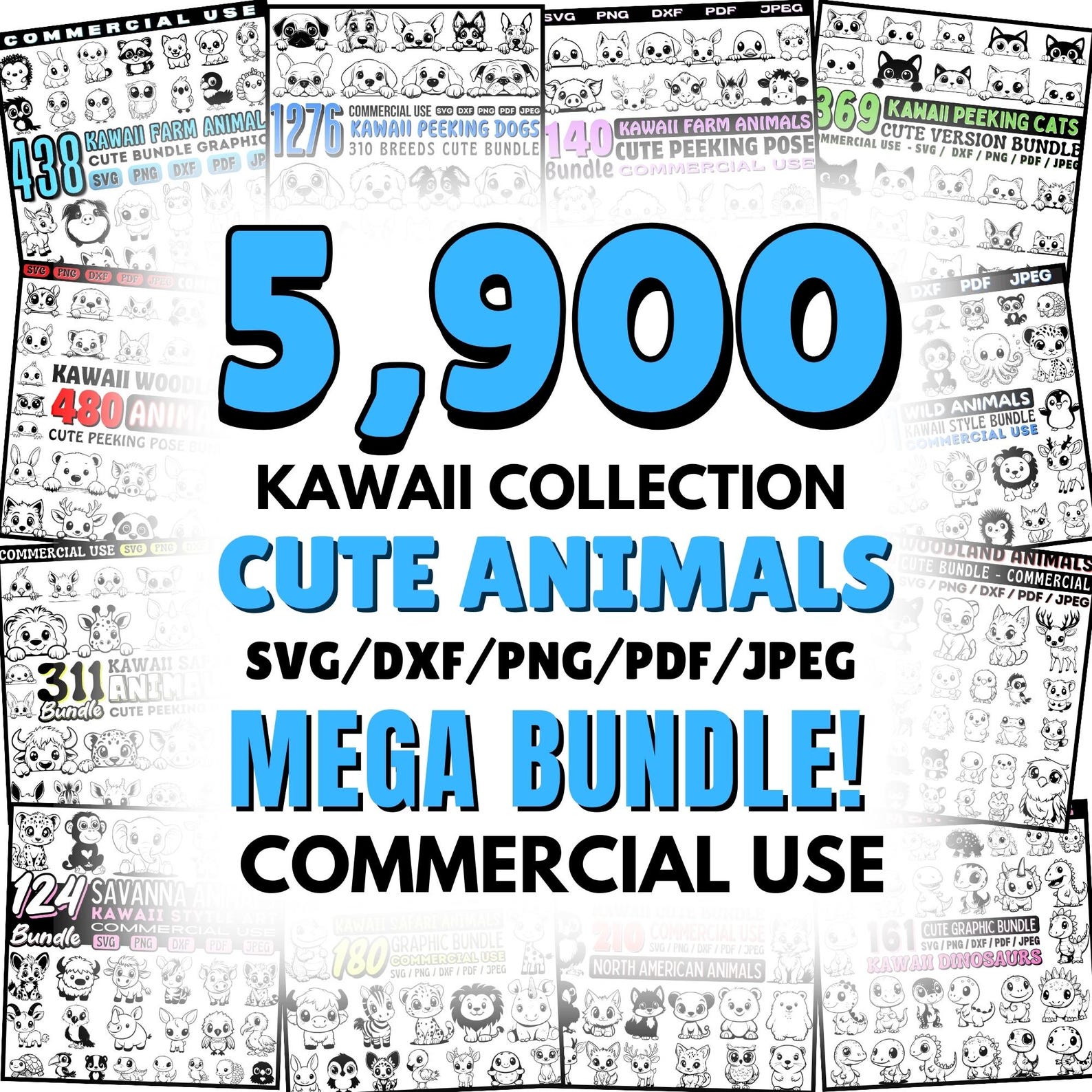 Cute Kawaii Animals Mega Bundle Svg Dxf Png Pdf Jpeg Instant Digital ...