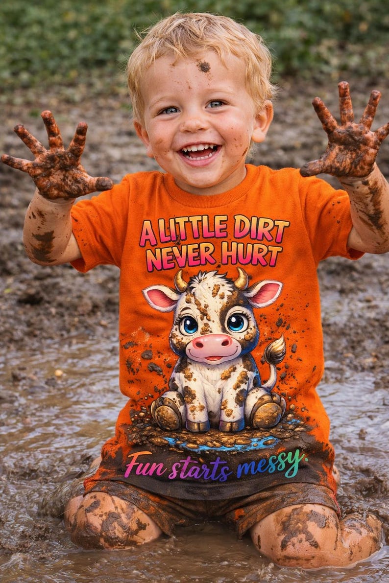 May include: An orange t-shirt with the text "A Little Dirt Never Hurt" and a cartoon cow graphic. The shirt is worn by a child covered in mud, with the words "Fun starts messy" on the shorts.