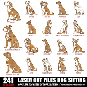 Puede incluir: 241 archivos de corte por láser para perros sentados.  Raza de perro completa de perros de perfil. Detalles conectados para cortes continuos.  DXF, SVG, EPS & PDF.
