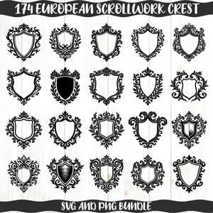 May include: A collection of 20 black and white European scrollwork crest designs. Each crest features a shield shape with ornate scrollwork and decorative elements. The text "174 EUROPEAN SCROLLWORK CREST" and "SVG AND PNG BUNDLE" are at the top and bottom.