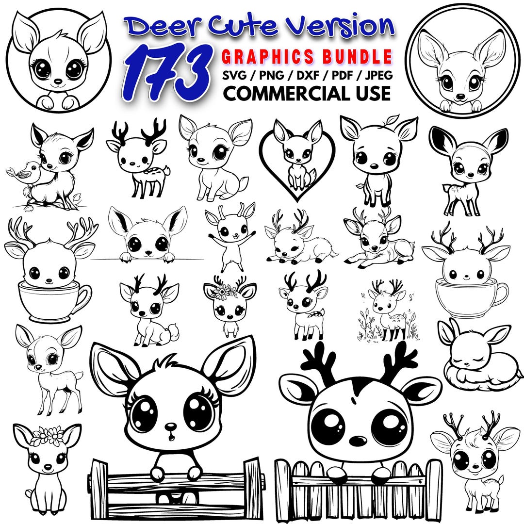 Cute Deer SVG Bundle | Kawaii Fawn Cut Files | Woodland Animal DXF PNG ...