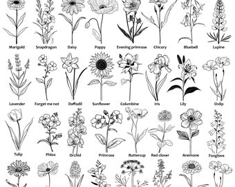 Wildflower SVG PNG Mega Bundle arte floreale in formato SVG stile minimalista Bouquet SVG, nascita fiore in formato SVG - Flower Sketch SVG download digitali istantanei