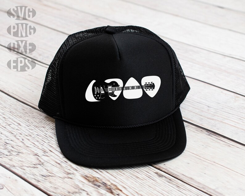 May include: Black trucker hat with a white graphic of a guitar made of guitar picks.