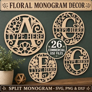 Könnte beinhalten: Eine Sammlung von vier kreisförmigen Monogramm-Schildern in Holzoptik mit den Buchstaben A, C, E und G, umgeben von floralen Ausschnitten. Jedes Schild enthält einen horizontalen Balken mit dem Text TYPE HERE. Ein zentrales Abzeichen zeigt 26 COMMERCIAL USE FILES.