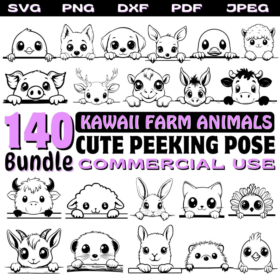 Kawaii Farm Animals Cute Peeking Pose Svg Dxf Png Pdf Jpeg Bundle ...