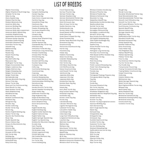 May include: A list of dog breeds in alphabetical order. The list includes over 200 different dog breeds.