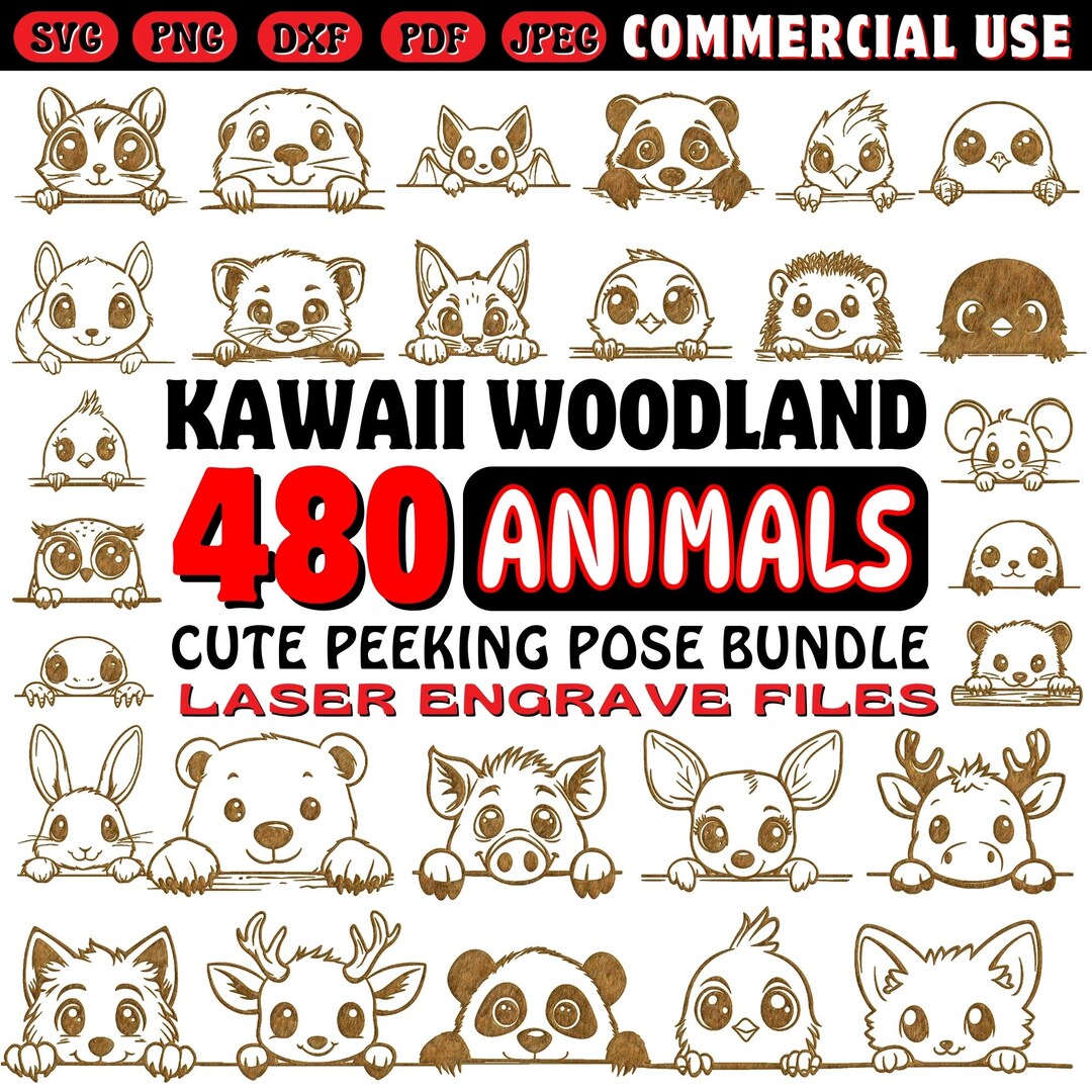 Laser Engrave Files Kawaii Woodland Animals Cute Peeking Pose Svg Dxf ...