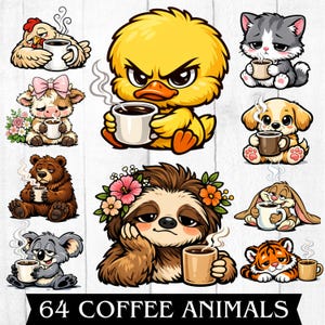 Può includere: Illustrazioni di animali dei cartoni animati, ognuno con una tazza di caffè. Gli animali includono un pollo, un'anatra, un gatto, un cane, una mucca, un orso, un koala, un bradipo, un coniglio e una tigre. Il testo "64 COFFEE ANIMALS" è in basso.