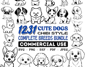 May include: A set of 31 black and white illustrations of cute dogs in a chibi style. The dogs are all different breeds and are shown in various poses. The text "1231 CUTE DOGS CHIBI STYLE COMPLETE BREEDS BUNDLE COMMERCIAL USE SVG PNG DXF PDF JPEG" is at the bottom of the image.