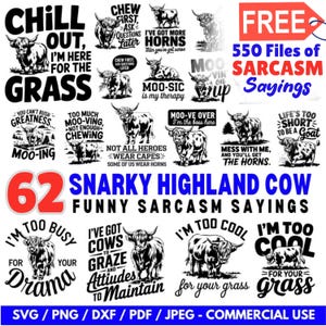 Paquete de descargas digitales instantáneas de vacas de las tierras altas sarcásticas en formato Svg, Dxf, Png y Jpeg - Archivos de corte divertidos de Cricut para camisetas - Uso comercial