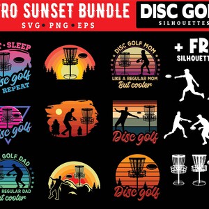 May include: A set of 8 retro sunset themed disc golf designs. The designs feature a disc golf basket, a disc, and text that says "Eat Sleep Disc Golf Repeat", "Disc Golf Mom Like a Regular Mom But Cooler", "Disc Golf Dad Like a Regular Dad But Cooler", and "Disc Golf". The designs are in a variety of colours, including red, orange, yellow, blue, and green. The designs are perfect for use on t-shirts, mugs, stickers, and other merchandise.