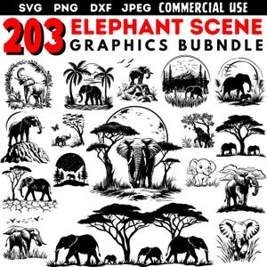 Pacote SVG de cena de elefante | Arquivos DXF para Cricut | Arte de silhueta de elefante selvagem | Pacote de design de animais para uso comercial