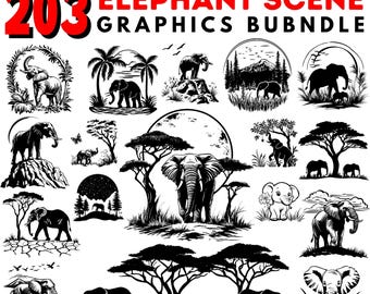 Elephant Scene SVG Bundle | DXF Files for Cricut | Wildlife Elephant Silhouette Art | Commercial Use Animal Design Pack