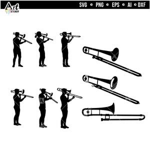 Könnte beinhalten: Schwarz-Weiß-Vektorillustrationen von Posaunenspielern in verschiedenen Posen, zusammen mit detaillierten Bildern des Instruments. Das Bild enthält oben den Text "SVG • PNG • EPS • AI • DXF".