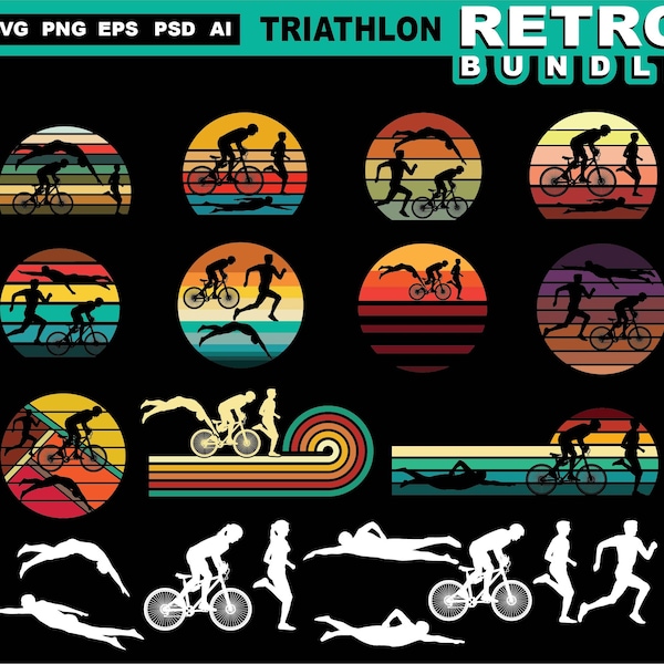 Triathlon svg files - RETRO BUNDLE swim bike run svg triathlete instant digital downloads