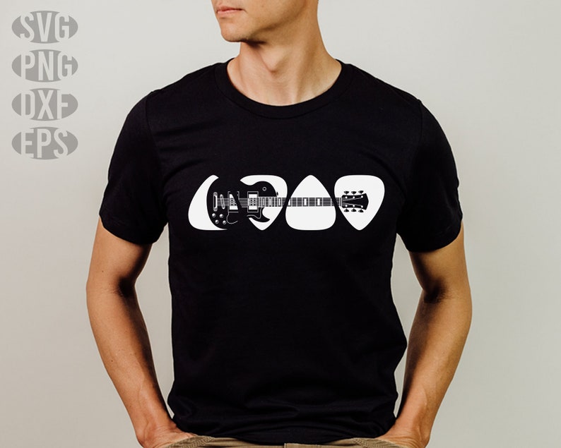 May include: A black t-shirt with a white graphic of a guitar made from guitar picks.