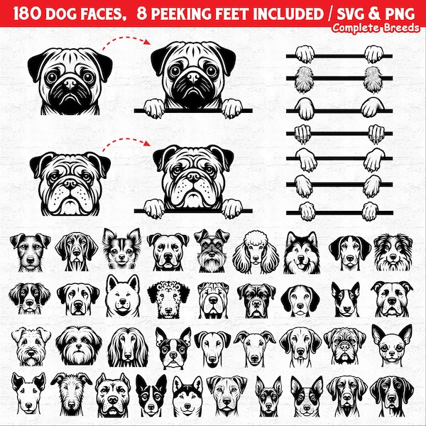 Dog heads faces SVG and PNG bundle complete dog breeds svg Including detachable customizable Peeking dogs feet instant digital downloads