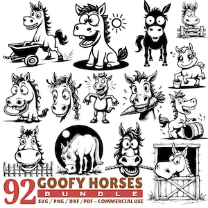 Può includere: Una collezione di 92 illustrazioni di cavalli dei cartoni animati in bianco e nero. Le immagini raffigurano vari personaggi di cavalli comici in diverse pose e attività, tra cui tirare un carretto, sorridere e interagire con oggetti. Il testo "Goofy Horses Bundle" è incluso.